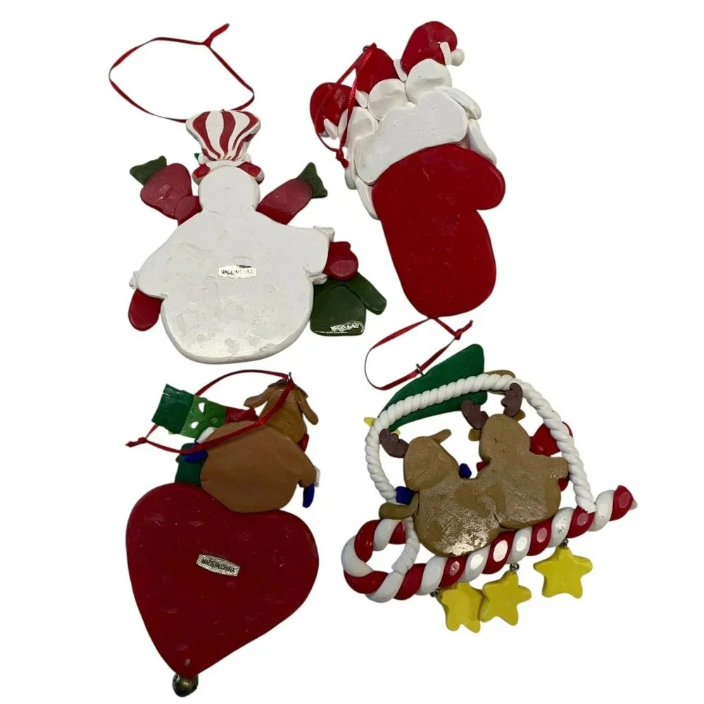 Vintage Clay Christmas Ornaments Snowman Reindeer Trio Stocking Heart‎
